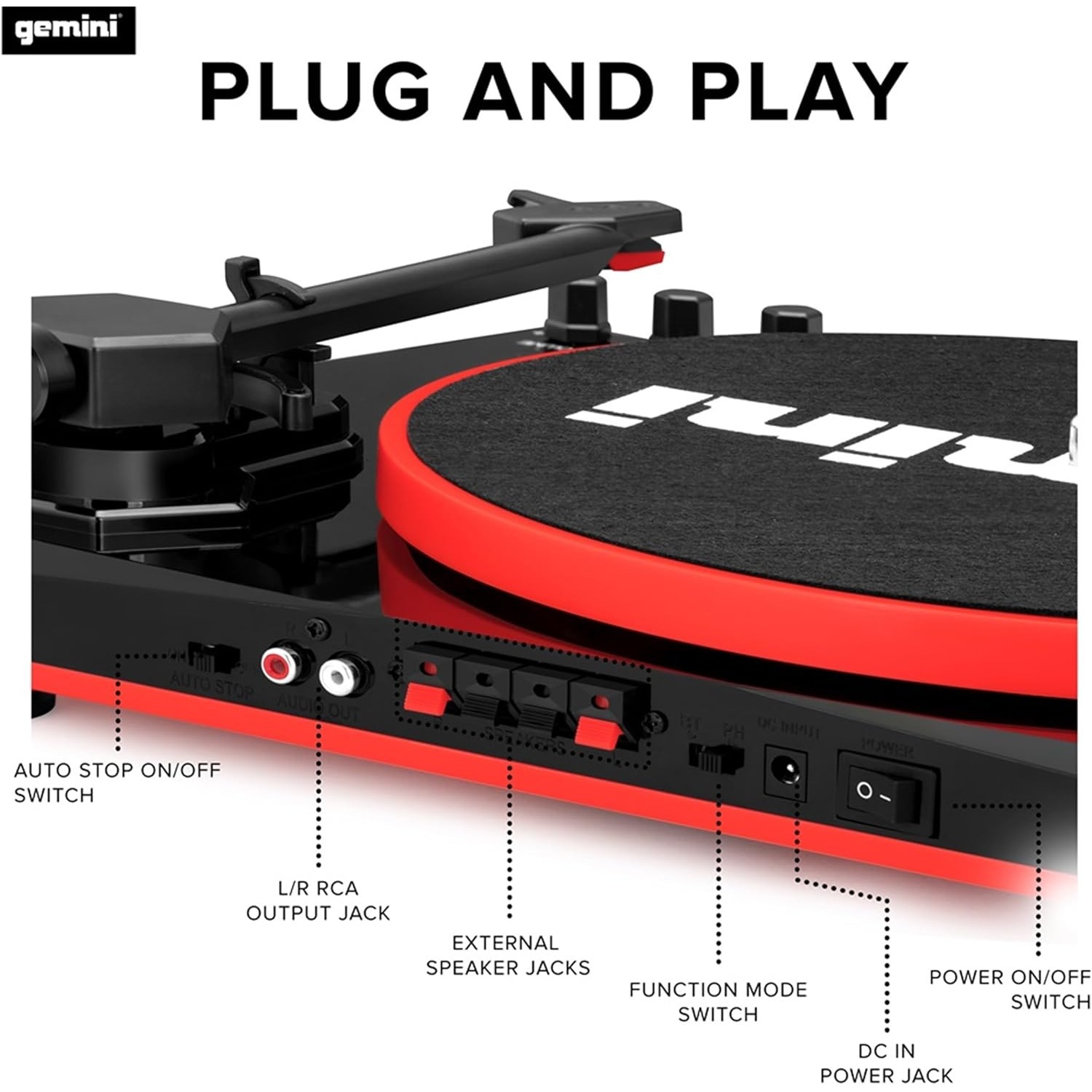Gemini TT-900BR Bluetooth Turntable Stereo System (Red) - Image 3